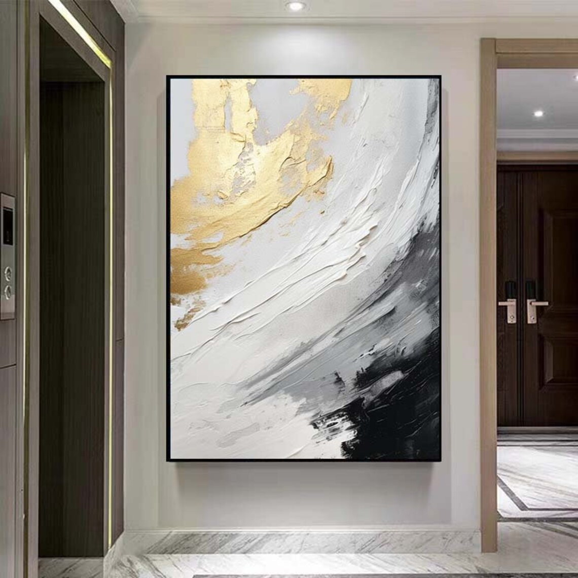 White Gold Grey Sweeping Abstract Impasto Modern Painting Poster - Image 2