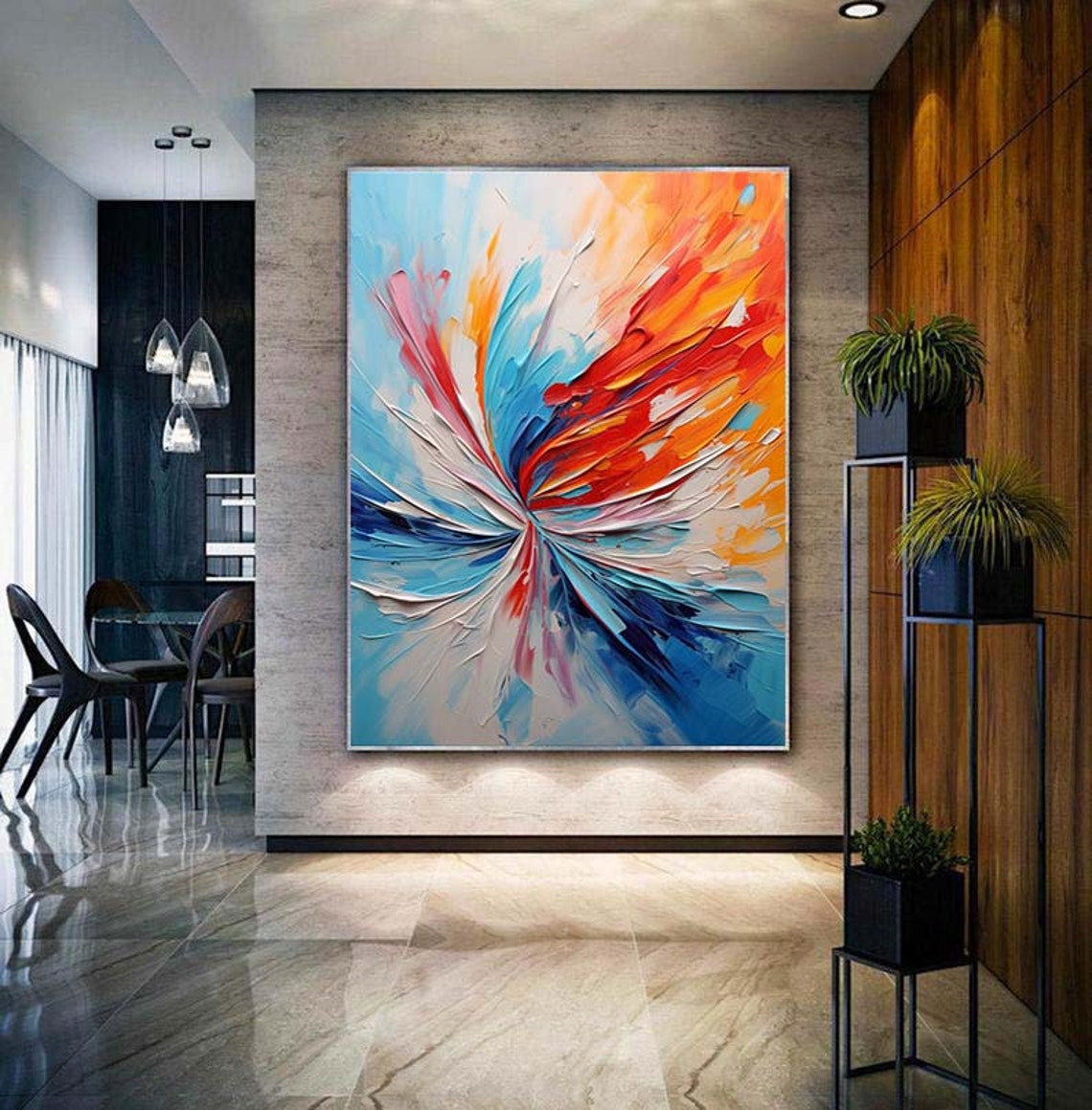 Fiery Red Blue Radial Fan Abstract Burst Impasto Wall Poster - Image 4