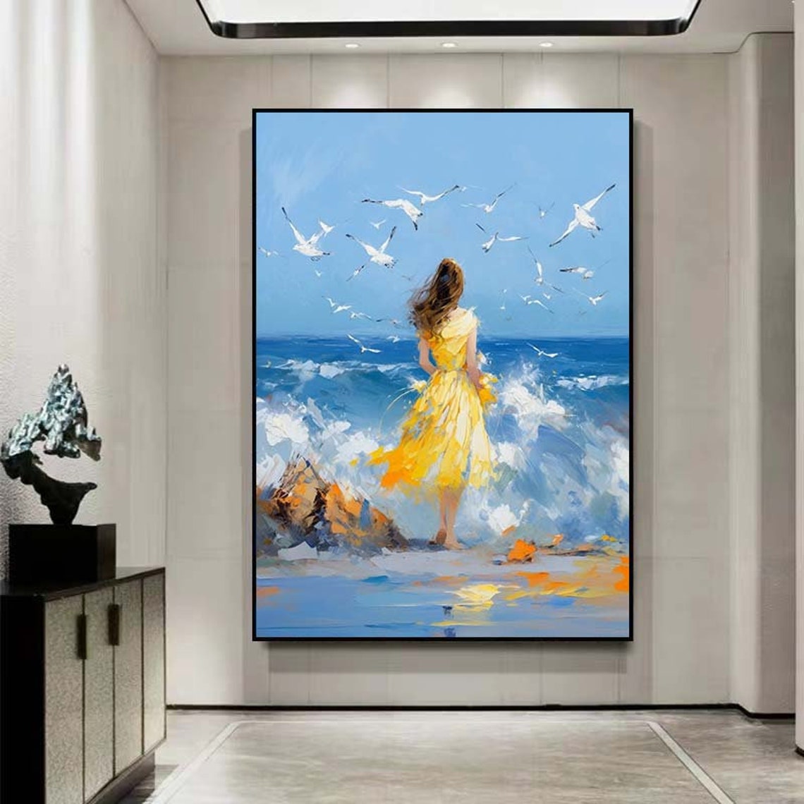 Beautiful Woman On The Beachbeautiful Girl Back View Oil Painting Acrylic Abstract Oil Painting Wall Decor Living Room Office Wall - Image 3
