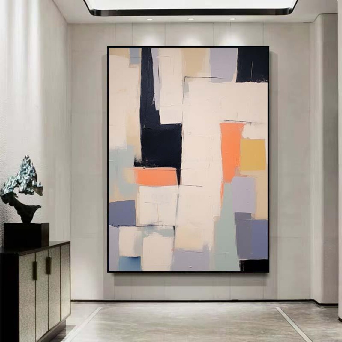 Mid-Century Geometric Blocks Navy Blush Cream Abstract Poster - Image 2