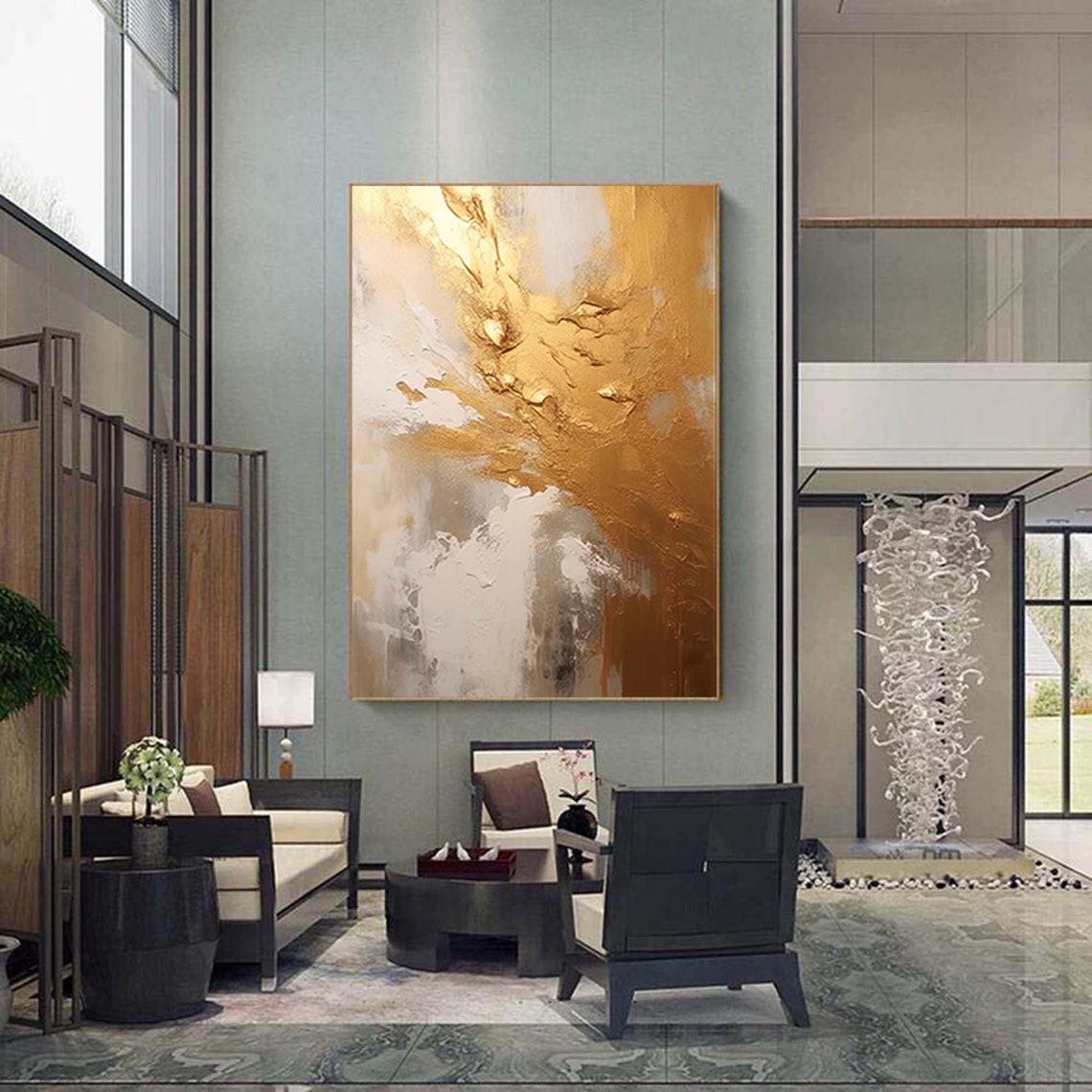 Gold and White Abstract Textured Oil Painting Vertical Luxe Poster - Image 2