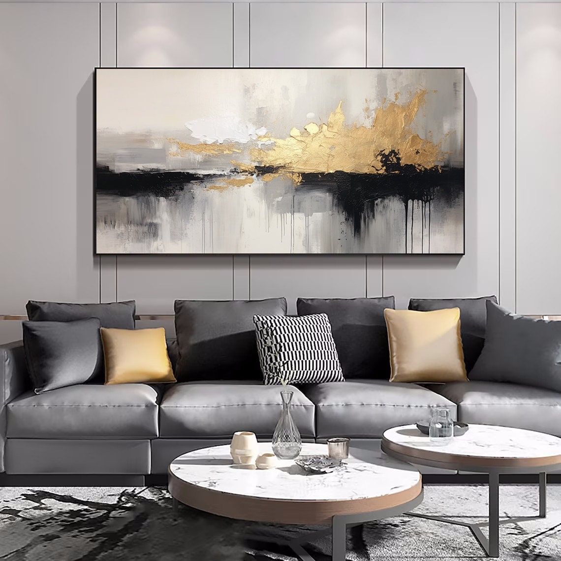 Monochrome Gold Splash Abstract Modern Art Painting Poster Extra Large - Image 2