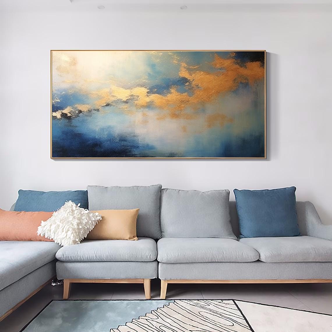 Gold Clouds Over Blue Sea Abstract Sky Modern Painting Poster - Image 5
