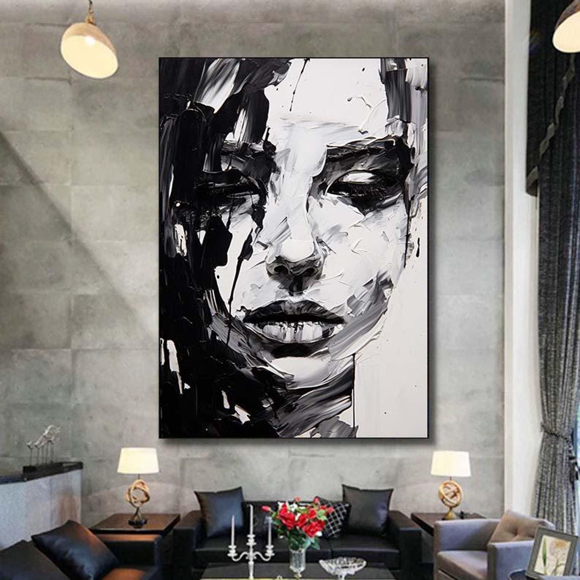 Large Black And White Painting Original Woman Painting On Black And White Female Portrait Black And White Art Oil Paintings On - Image 7