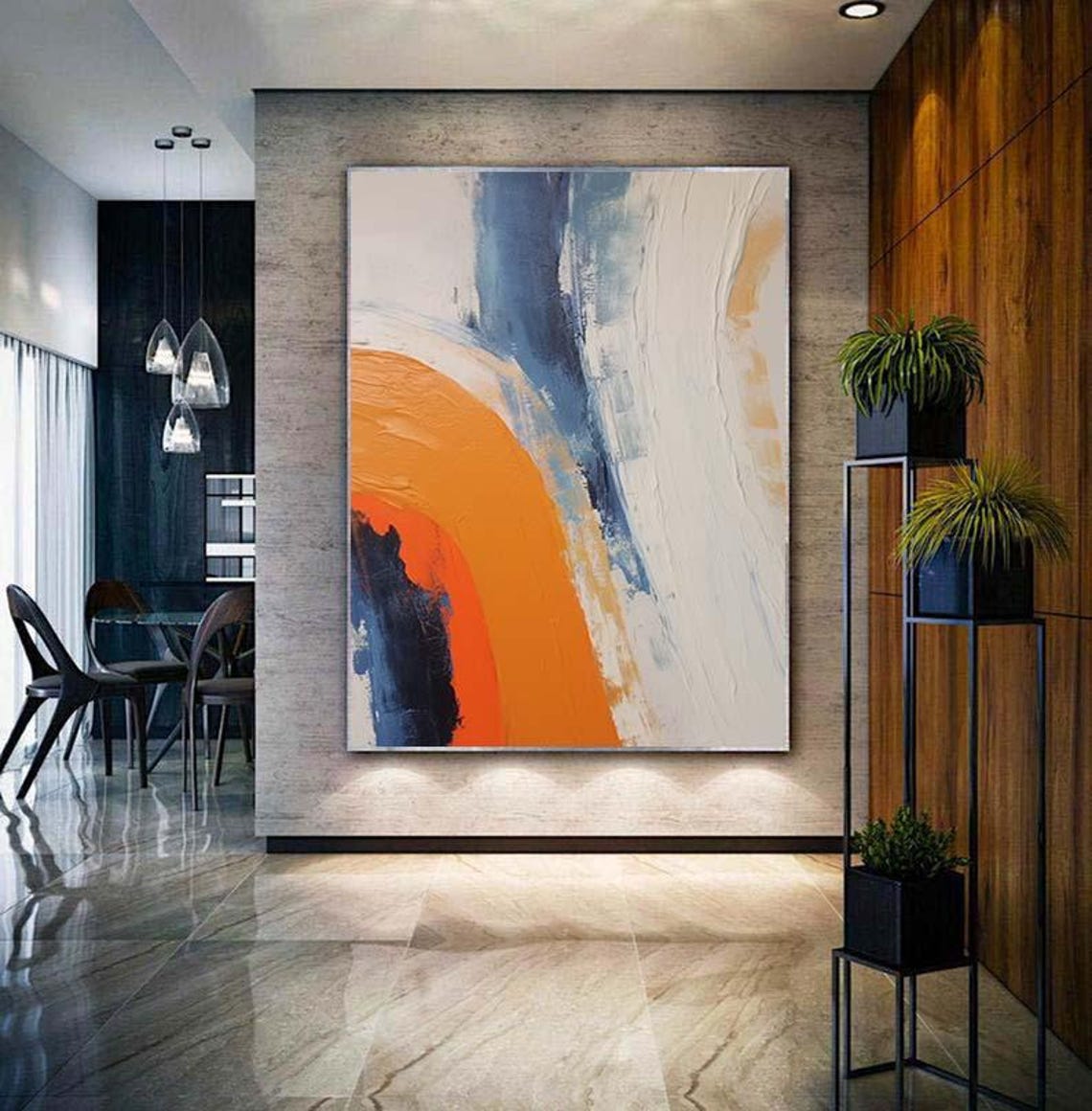 Bold Orange Rainbow Arc Abstract Sweeping Over Blue White Poster - Image 4