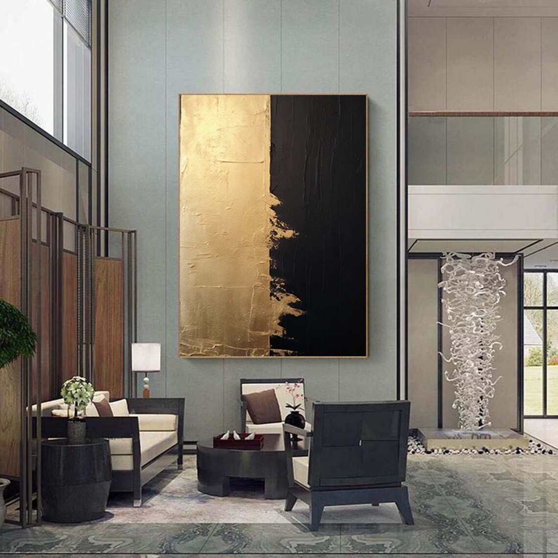 Black and Gold Abstract Art Print, Gold Leaf Style - Image 4