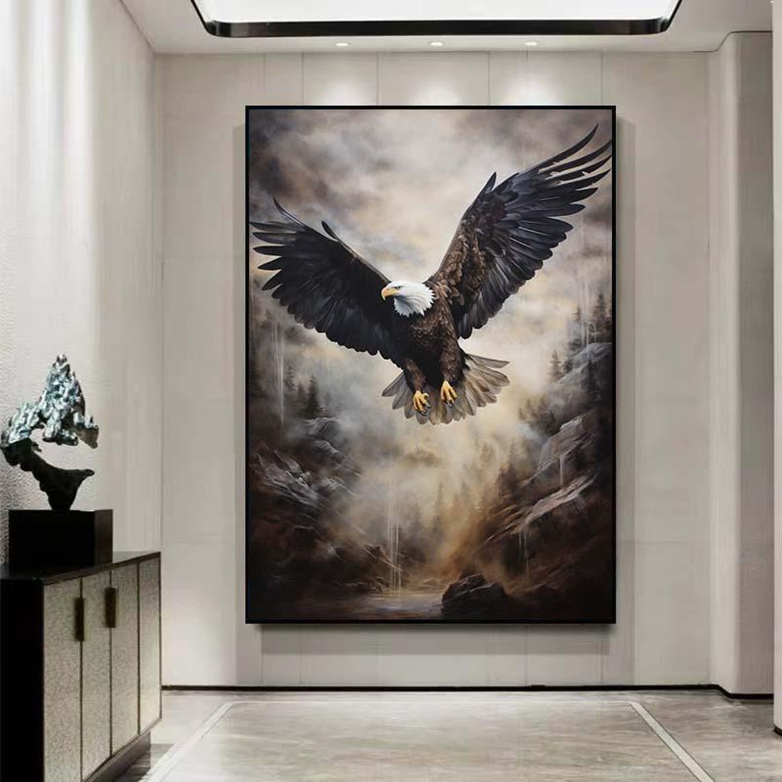 Bald Eagle Flying Stormy Mountain Sky Oil Painting Decor Poster - Image 2