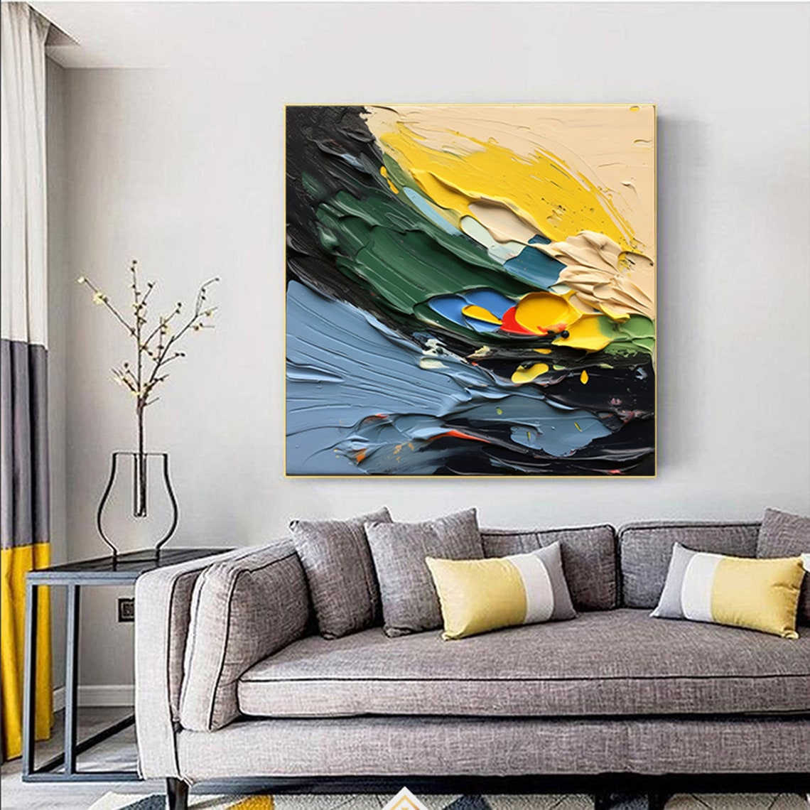 Bold Thick Impasto Abstract Waves In Green Yellow And Navy Poster - Image 2