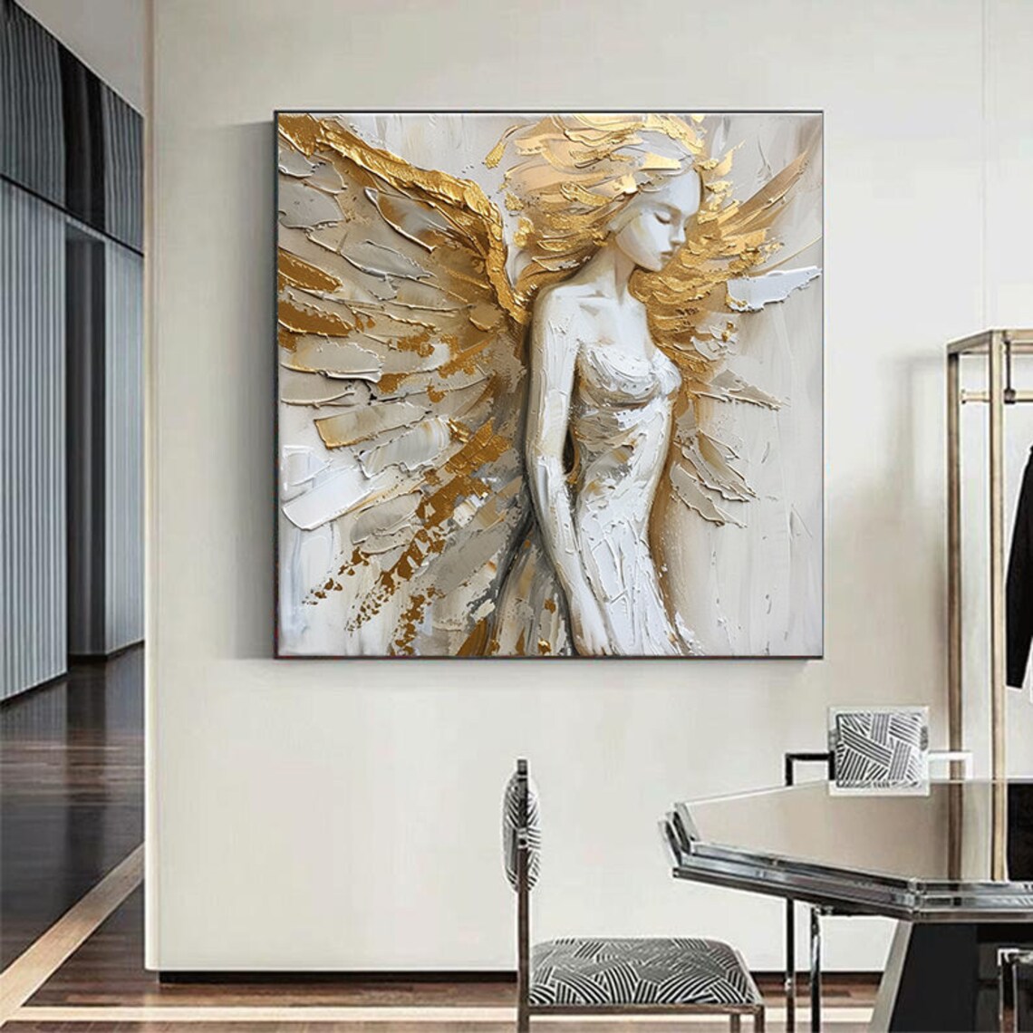 Gold Wings White Angel, Abstract Oil Painting Print - Image 5