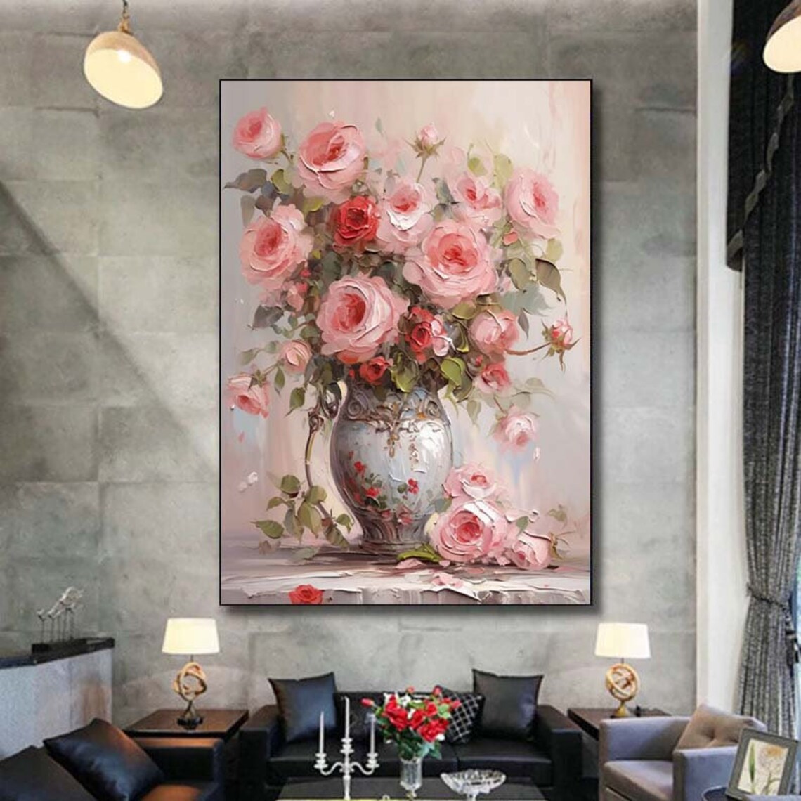 Pink Roses Bouquet in Vintage Vase Oil Painting Floral Poster - Image 5