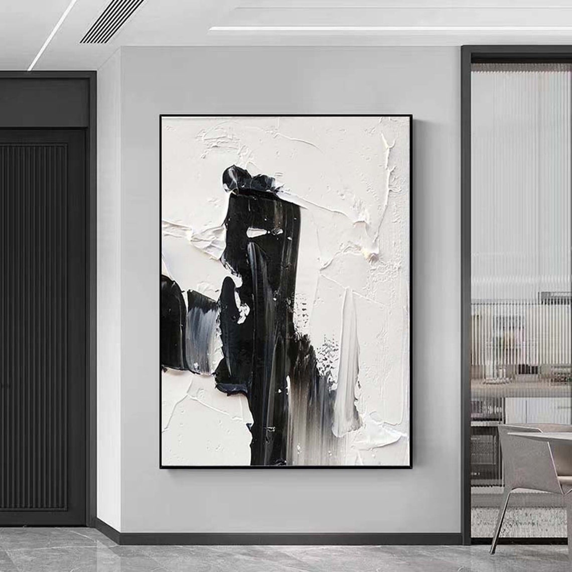 Bold Black Strokes on White Abstract Impasto Modern Wall Poster - Image 3