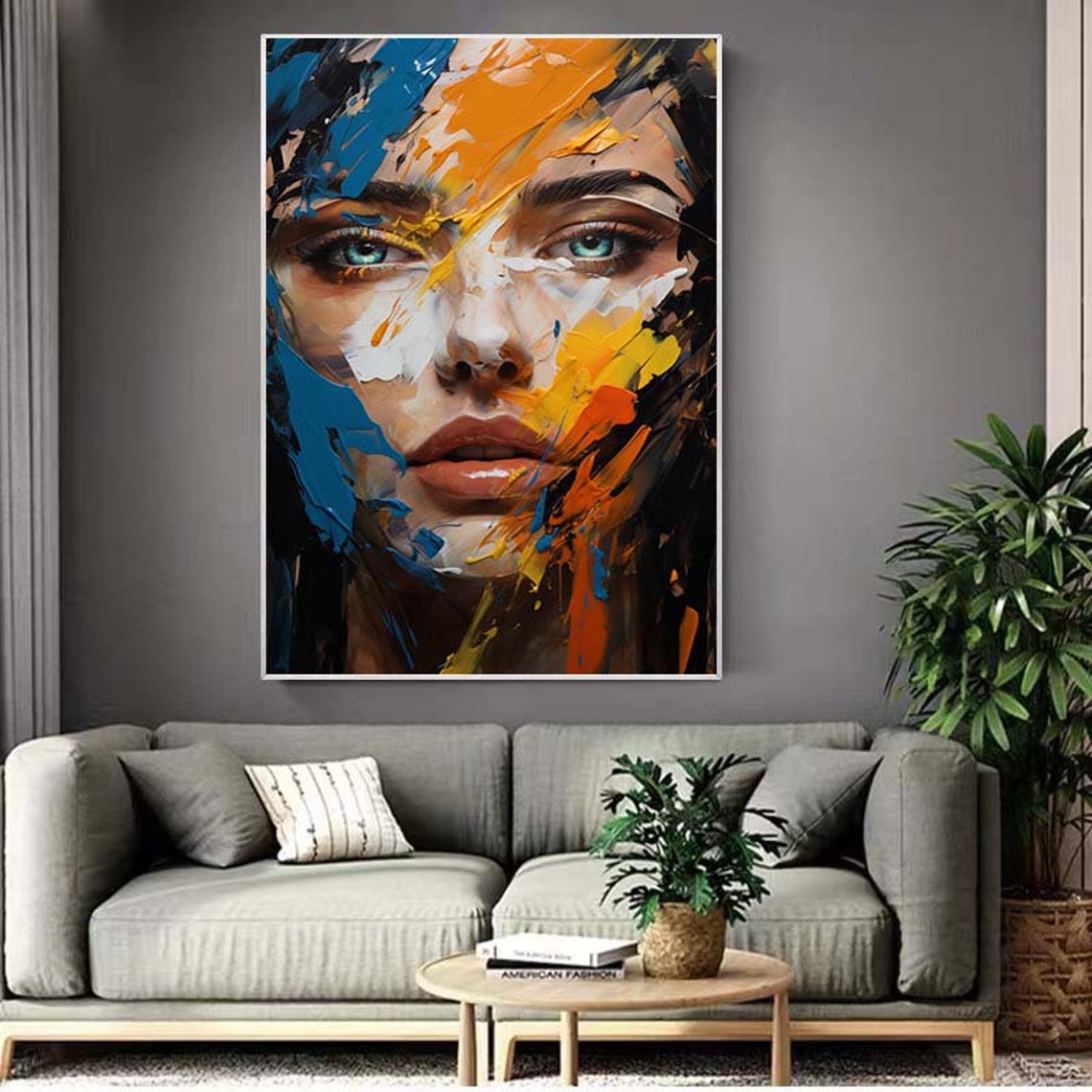 Striking Abstract Woman Face Portrait In Blue Orange Yellow Poster - Image 4