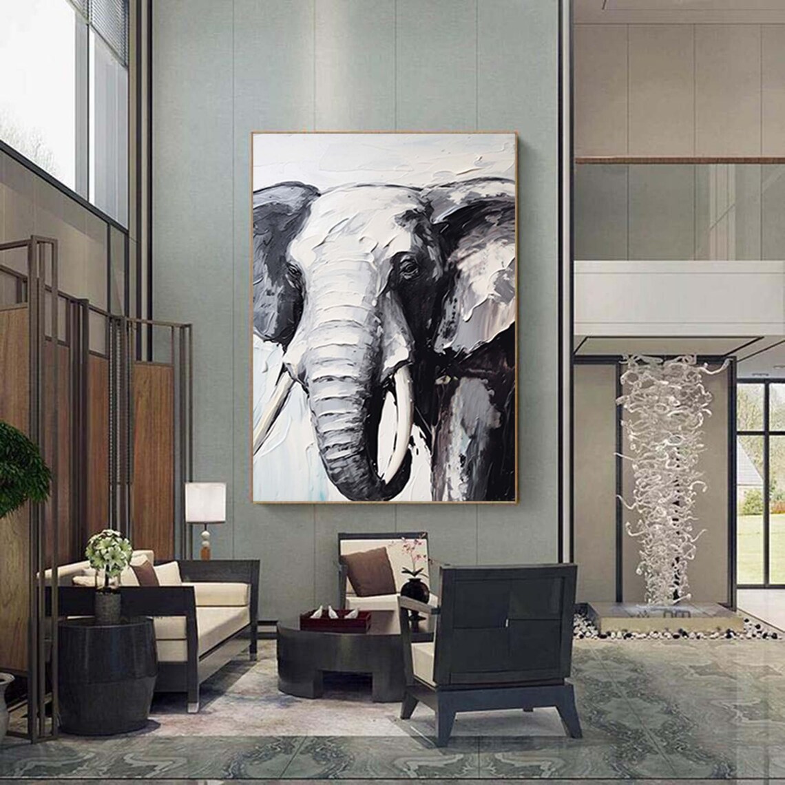 Black And White Elephant Portrait Impasto Animal Oil Painting Poster - Image 2