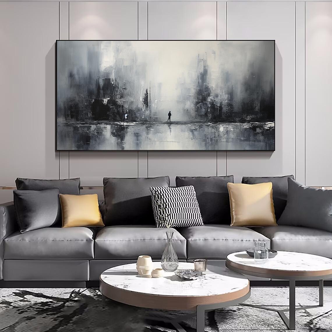 Monochrome Misty City Skyline With Lone Figure Oil Painting Poster - Image 4