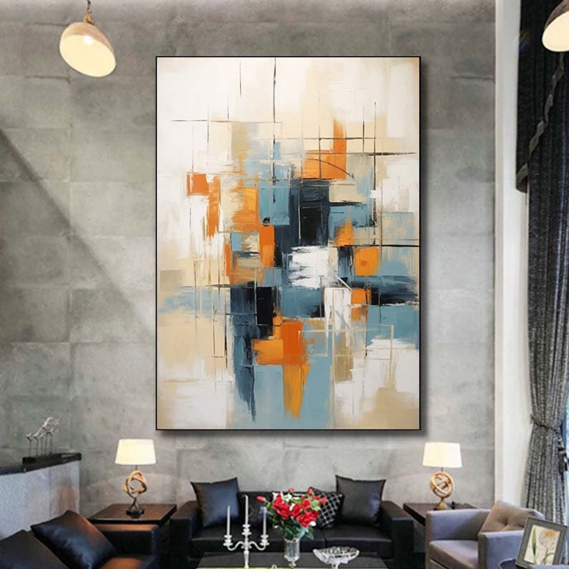 Geometric Orange Blue Grid Lines Abstract Modern Painting Poster - Image 7