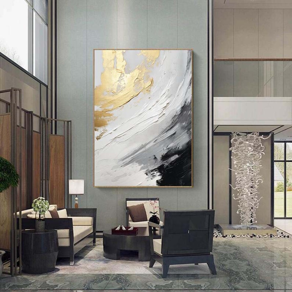White Gold Grey Sweeping Abstract Impasto Modern Painting Poster - Image 3