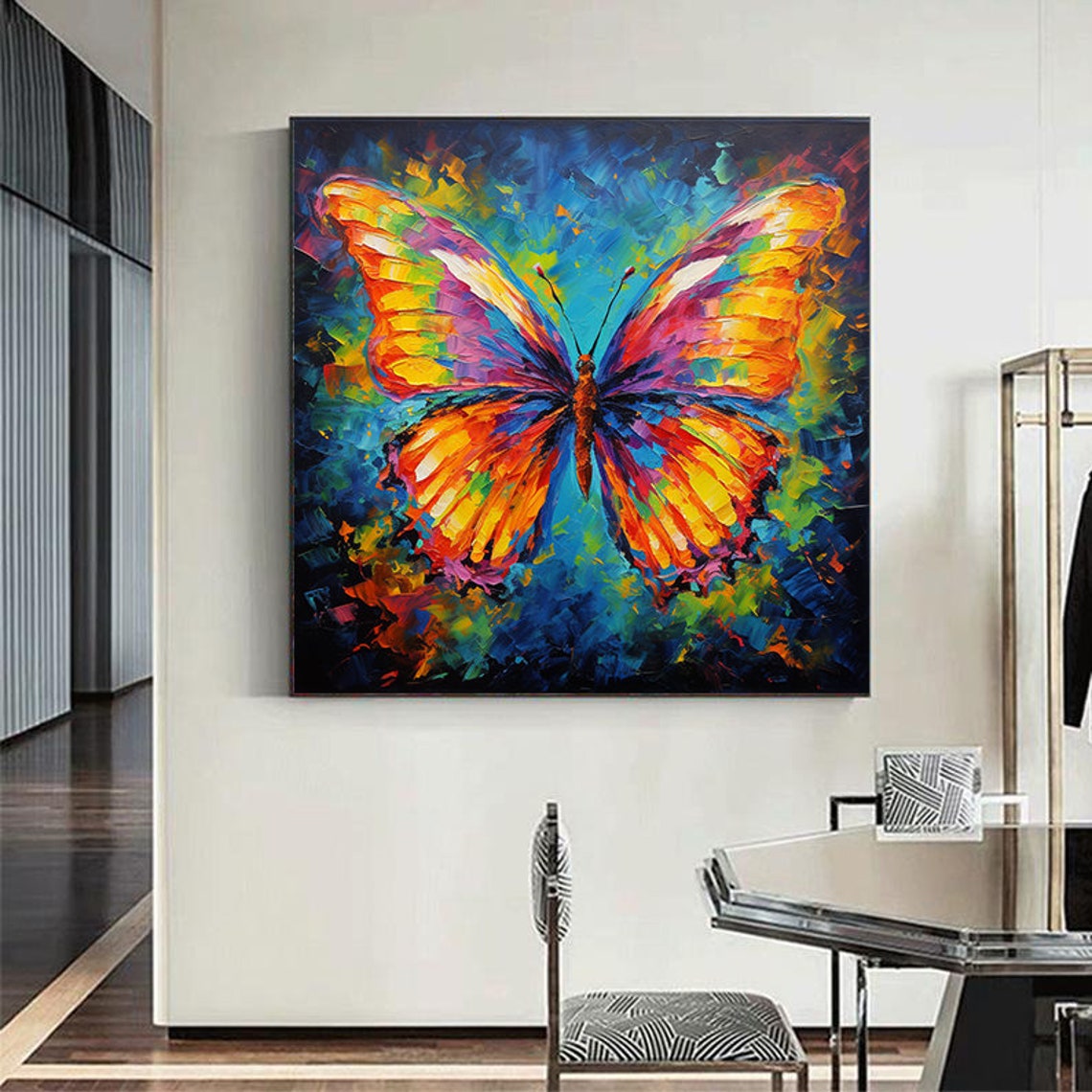 Colorful Butterfly Knife Painting Blue Background Decor Poster - Image 7