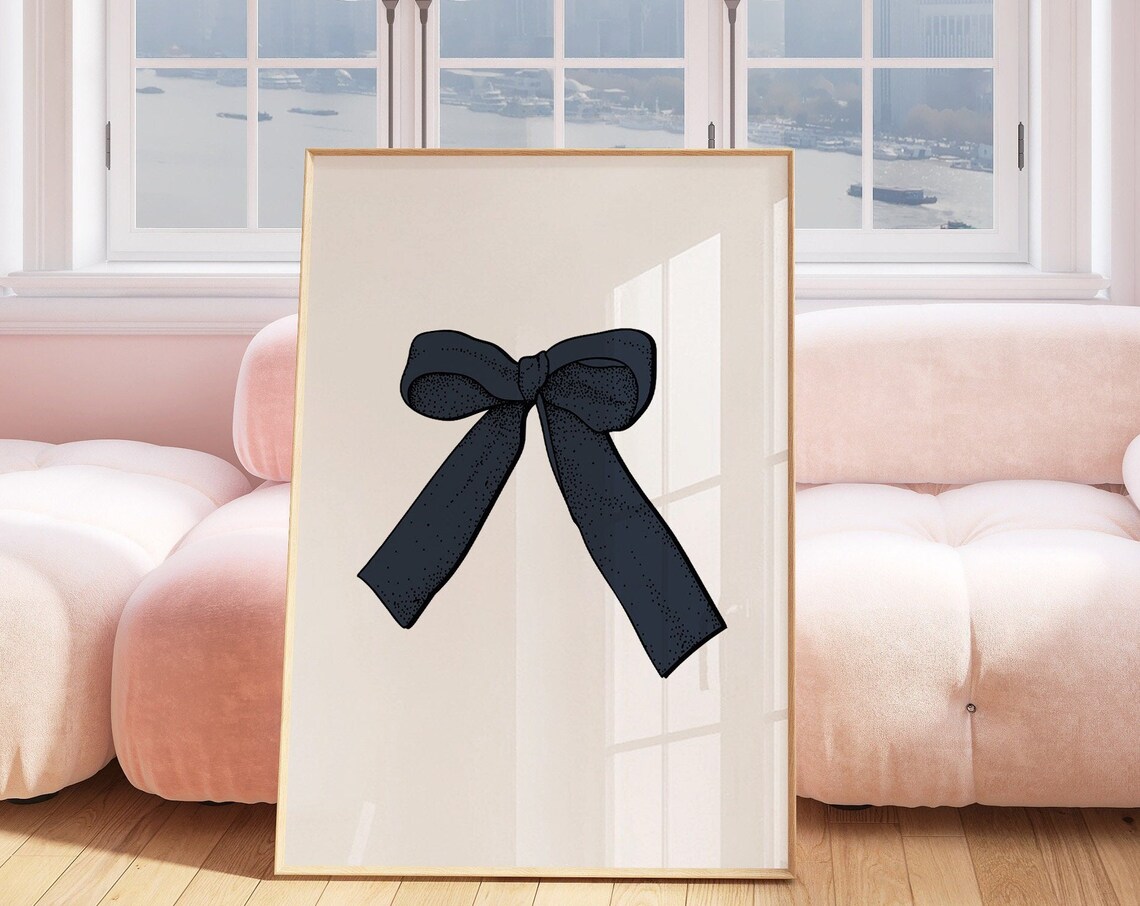 Navy Blue Coquette Bow Hand Drawn Ribbon Minimalist Art Poster