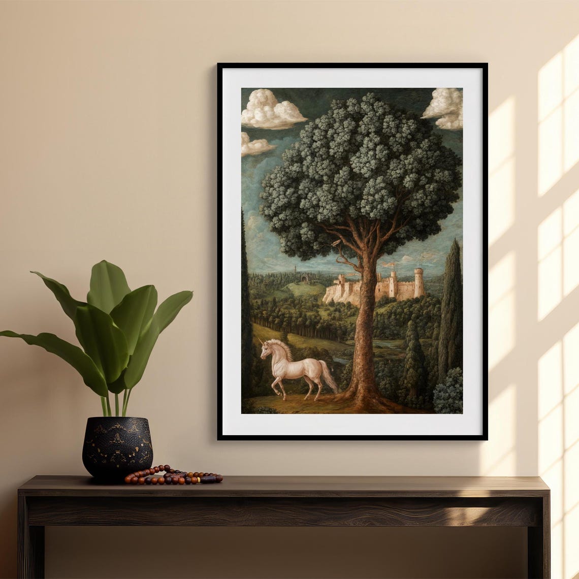 Medieval White Unicorn Under Great Tree Castle Landscape Fantasy Print