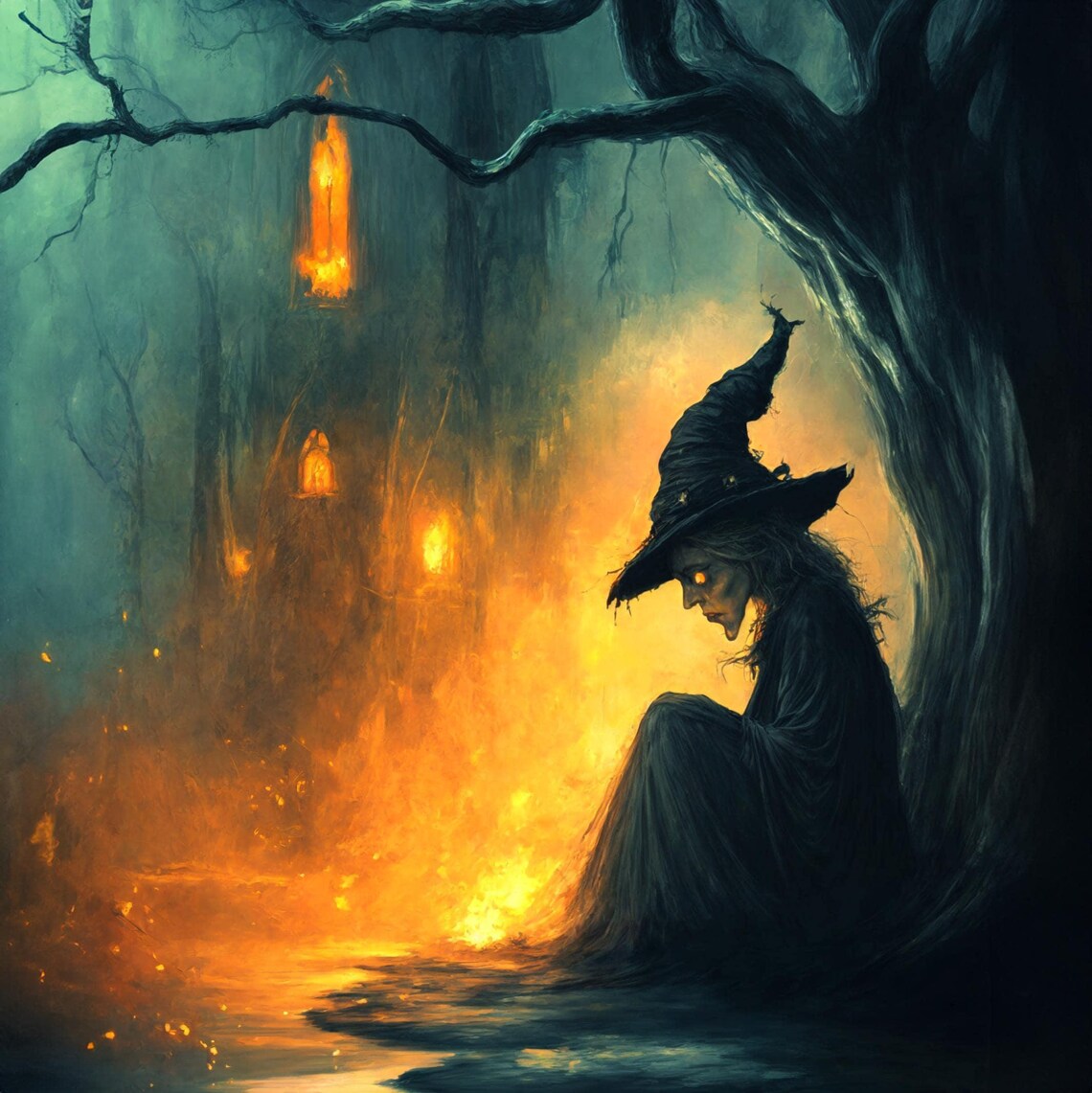 Dark Witch Forest Glowing Haunted Woods Lanterns Gothic Fantasy Art Poster - Image 3