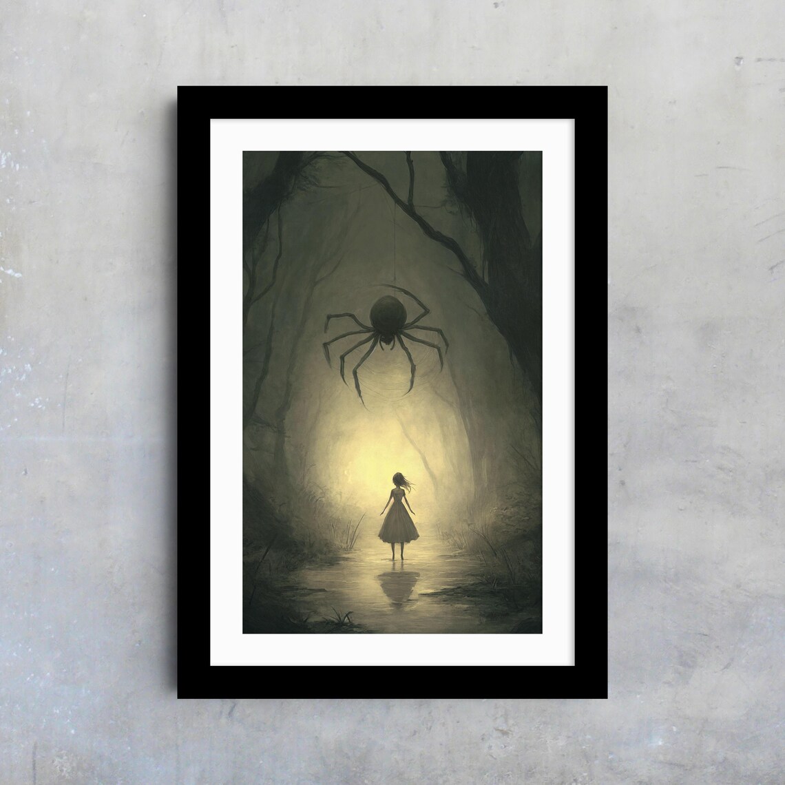 Girl Facing Giant Spider In Misty Swamp Eerie Fantasy Fairytale Art Poster