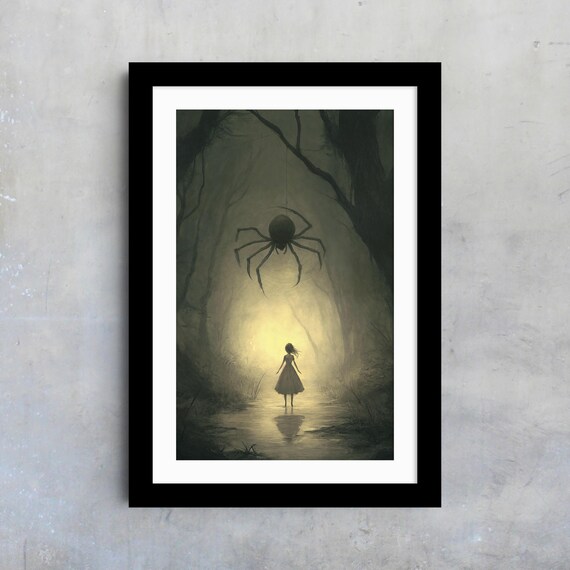 Girl Facing Giant Spider In Misty Swamp Eerie Fantasy Fairytale Art Poster