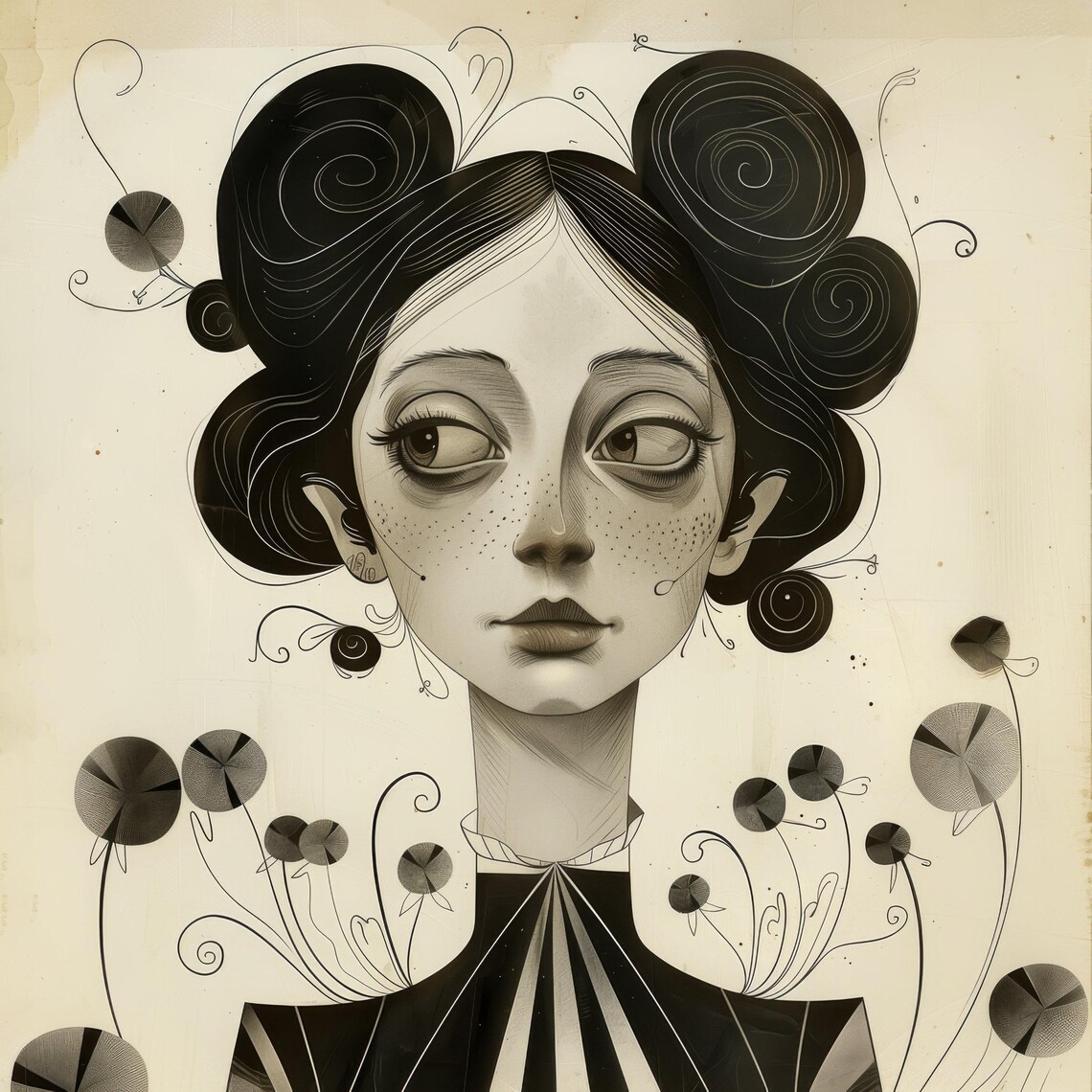 Freckled Woman Swirled Black Hair Floral Buds Whimsical Monochrome Poster - Image 4