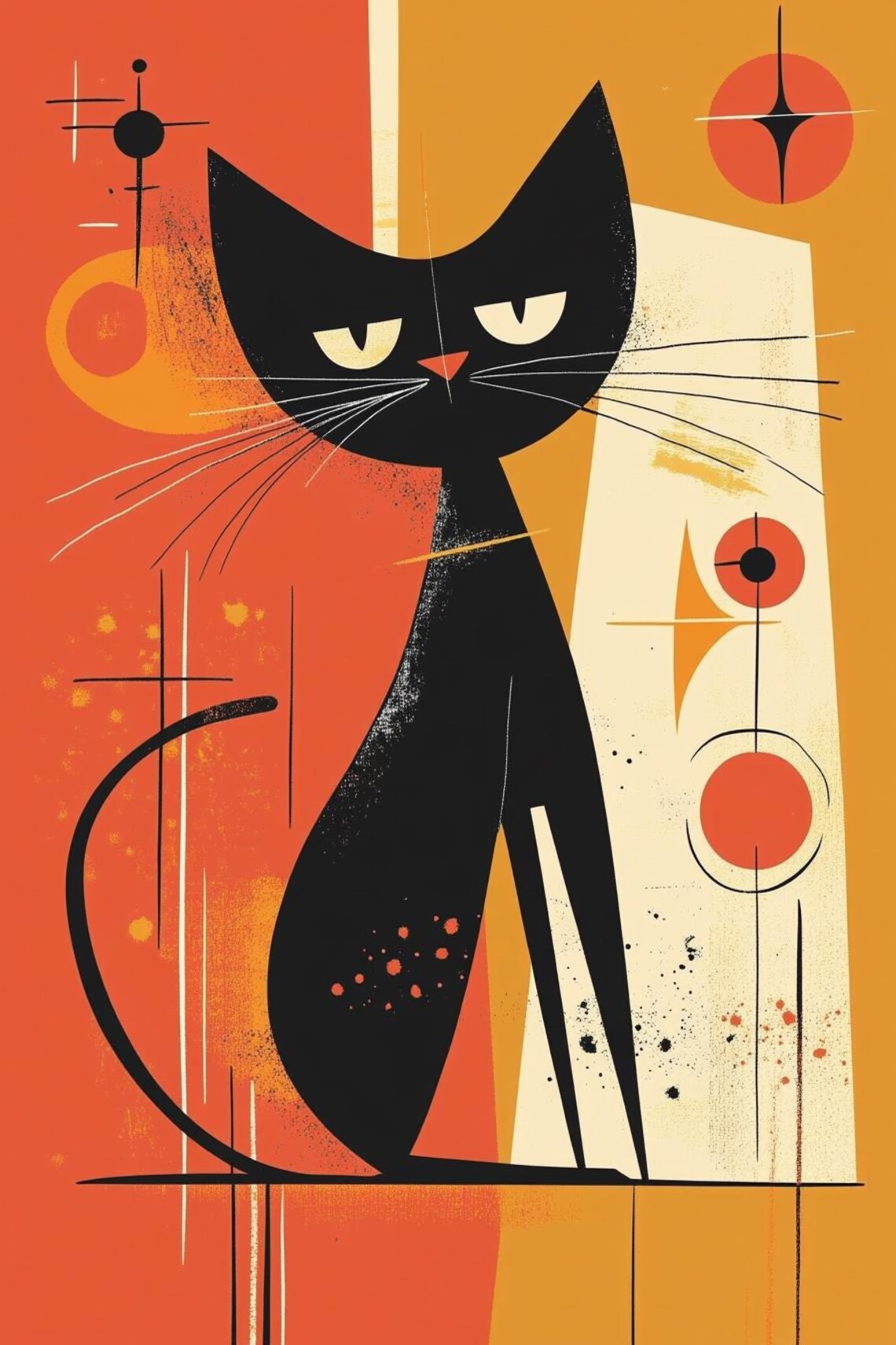 Midcentury Atomic Black Cat Orange Retro 1960s Style Modern Cat Poster - Image 3