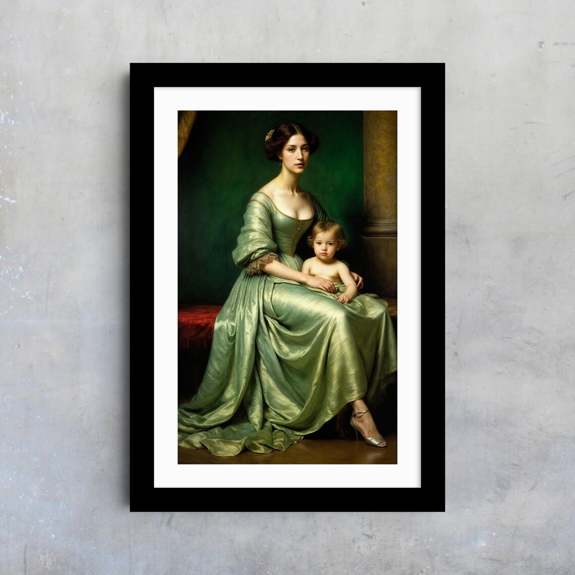 Elegant Mother And Child Green Gown Formal Vintage Portrait Art Poster