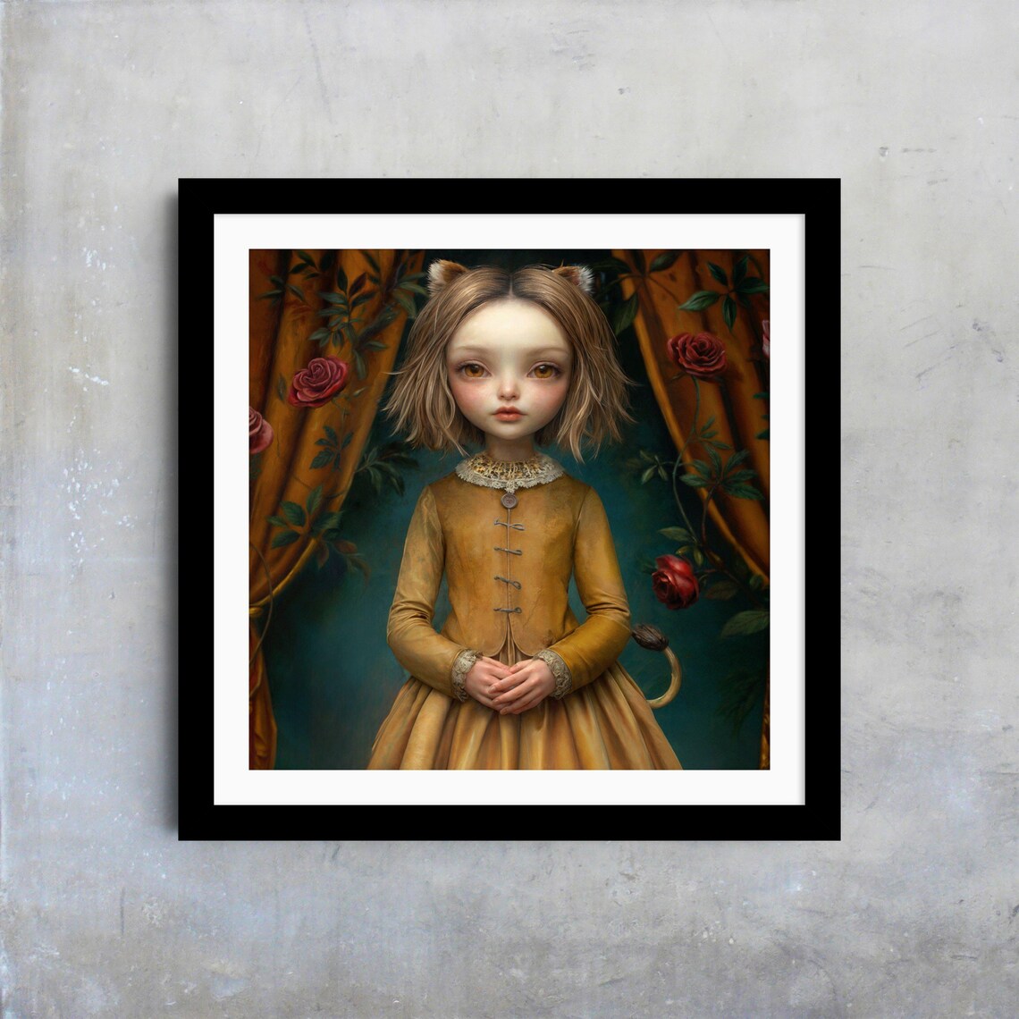 Surreal Lion Girl Golden Gown Red Roses Whimsical Fantasy Art Poster