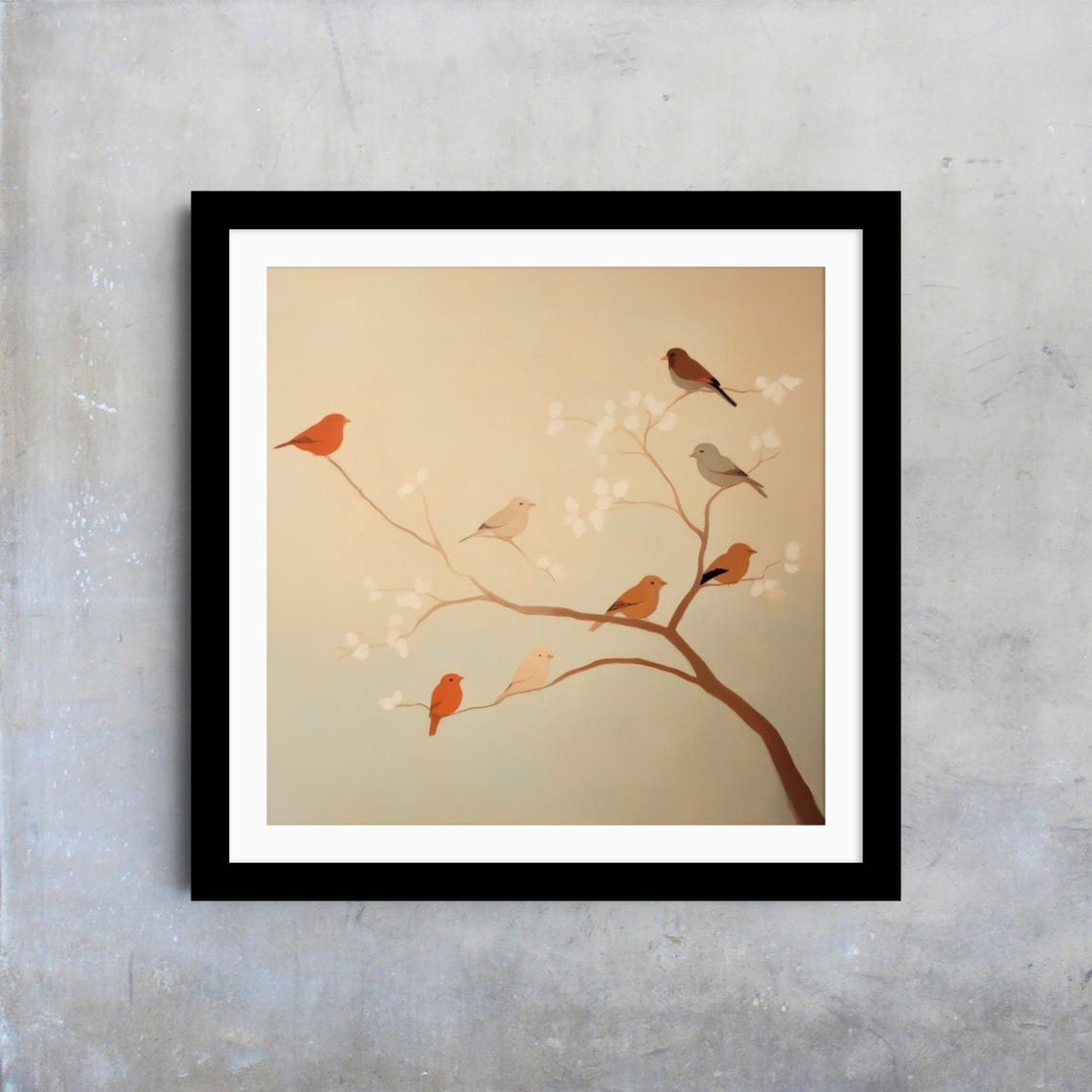 Seven Birds Blossoming Branch Minimalist Beige Neutral Bird Art Poster - Image 4