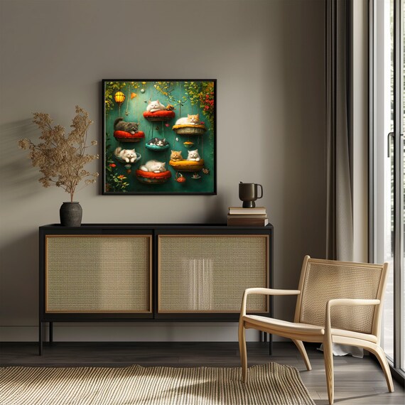 Cats Lounging Hanging Baskets Teal Wall Cute Cat Cafe Art Poster