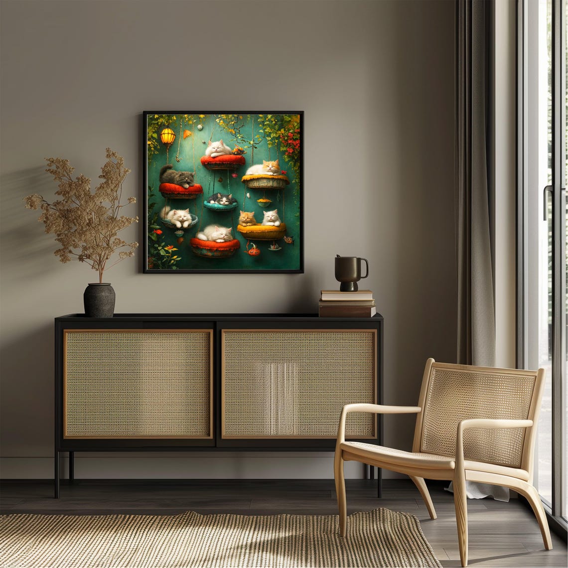 Cats Lounging Hanging Baskets Teal Wall Cute Cat Cafe Art Poster