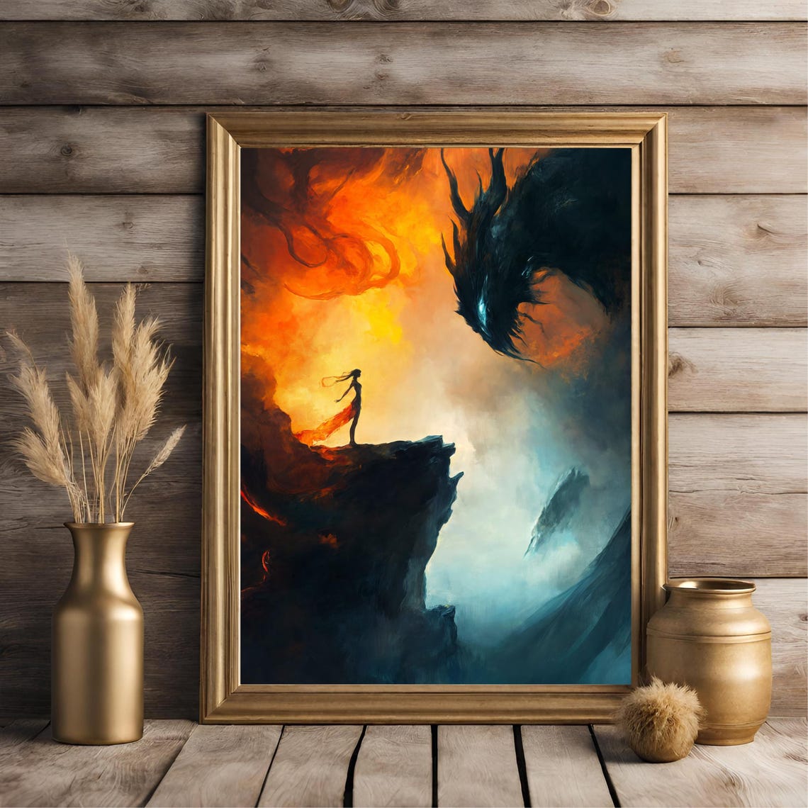 Dark Fantasy Demon Dragon Over Cliff Silhouette Fiery Sky Wall Poster - Image 3