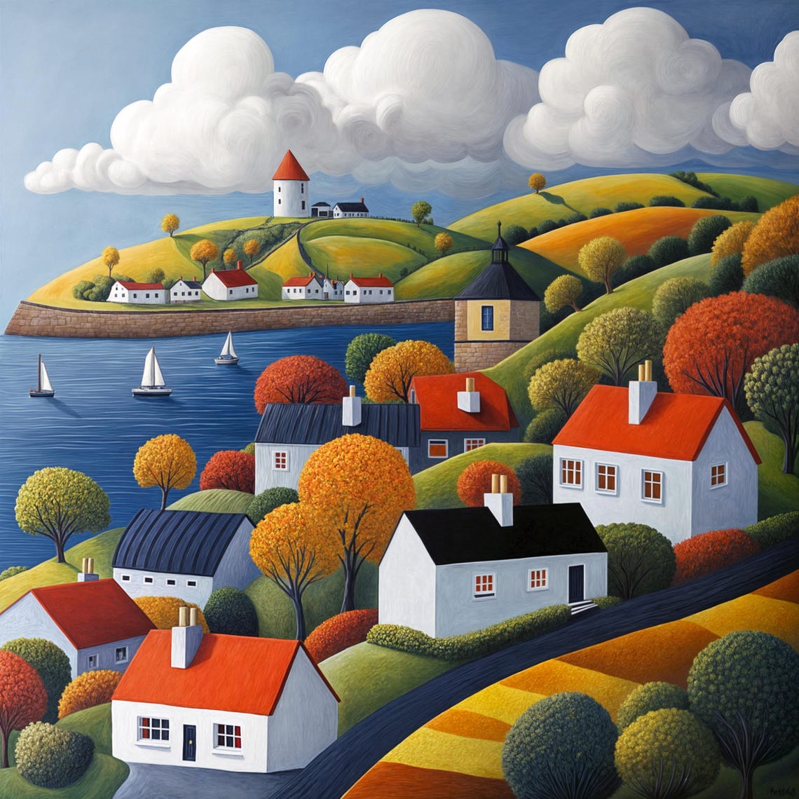 Rolling Hills Village Cottages Lighthouse Sailboats Scenic Art Poster - Image 3