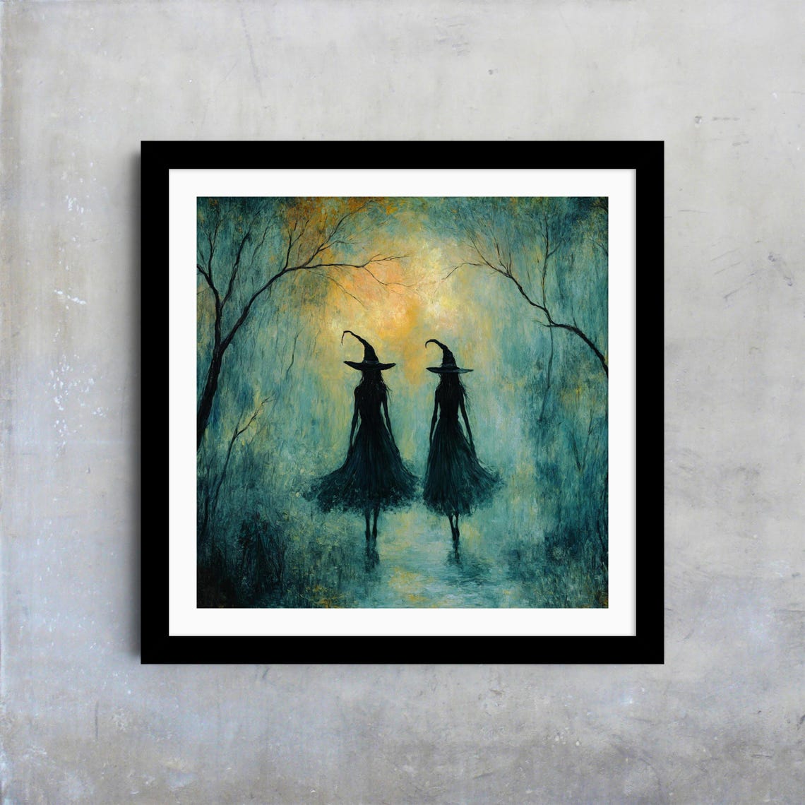 Two Witches Walking Misty Teal Forest Golden Light Art Poster - Image 4
