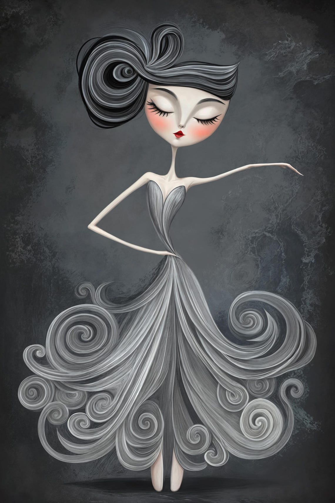 Whimsical Ballerina Swirling Grey Tutu Dark Background Ballet Poster - Image 3