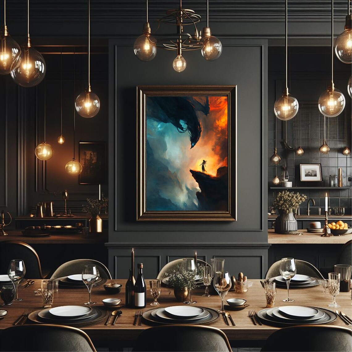 Dark Dragon Descending Over Girl On Cliff Teal Fire Gothic Fantasy Poster - Image 3