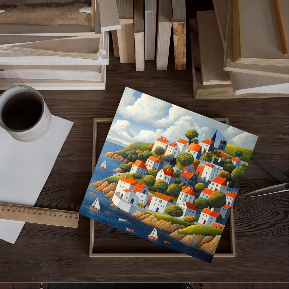 Colorful Coastal Village Wall Art Harbor View Painting Sailboats And Seaside Houses Print Ocean Art For Living Room Modern Home Decor
