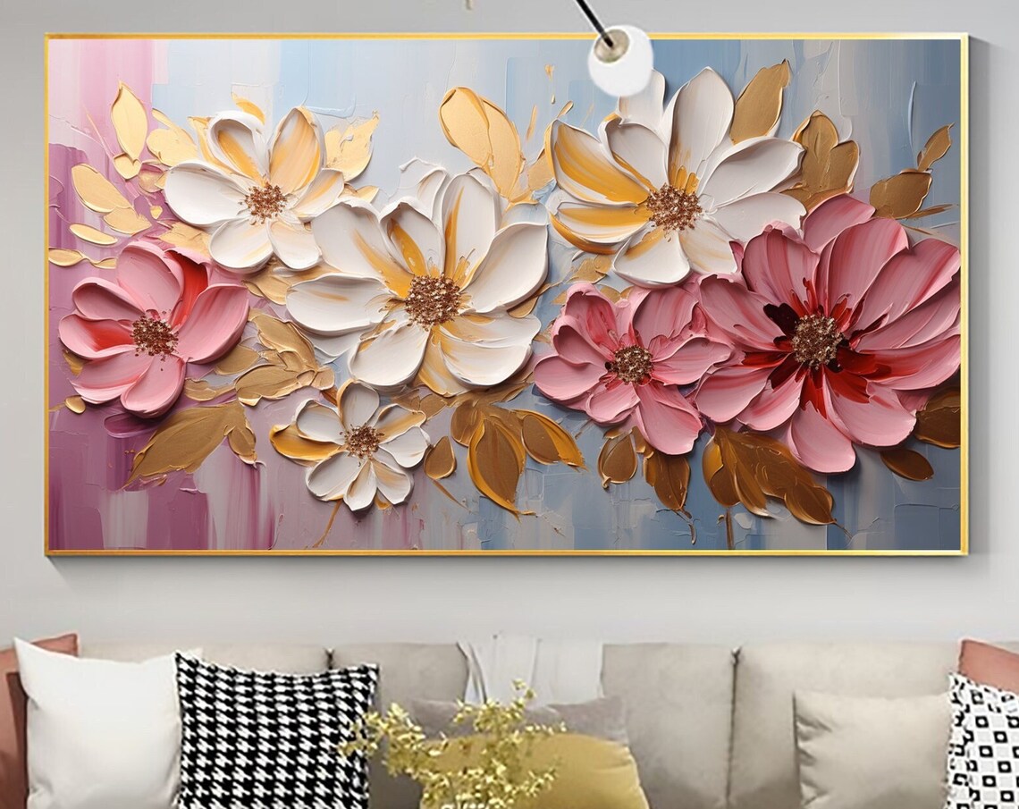 Pink and White Blossoms Gold Leaves Impasto Oil Painting Poster