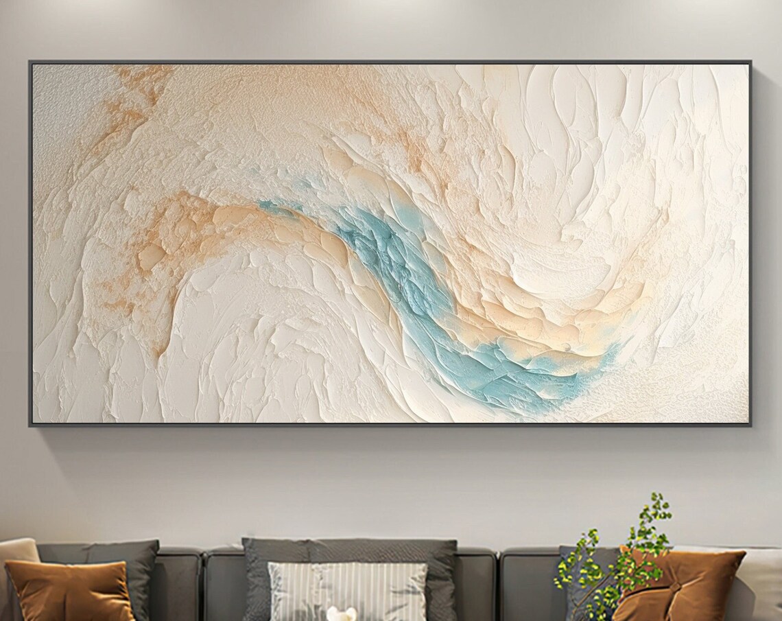 Cream And Teal Textured Wave Minimalist Modern Beach Art Poster