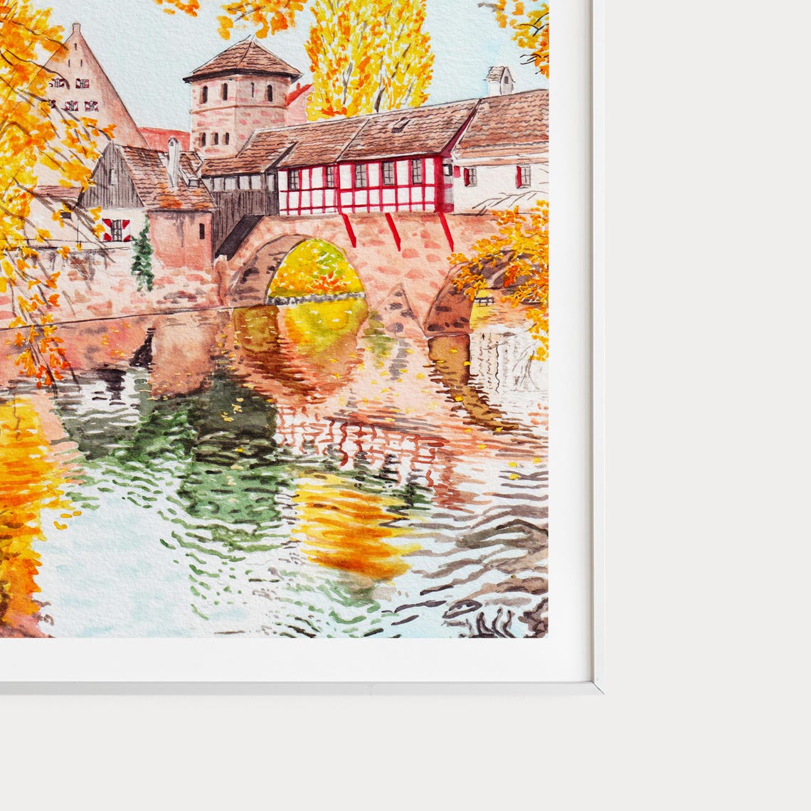 Nuremberg Autumn Old Town Bridge River Reflection Watercolor Poster - Image 2