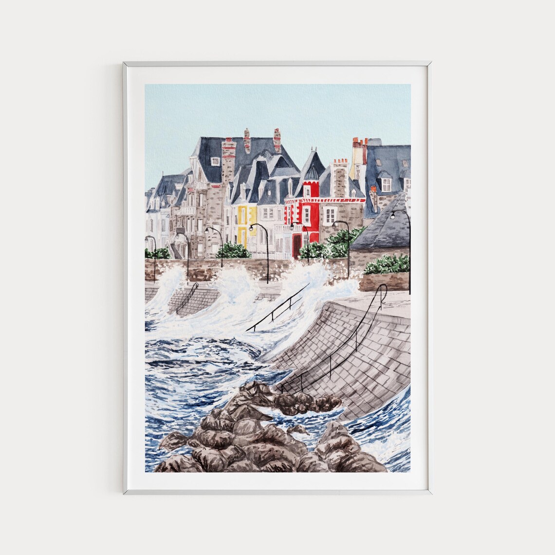 Saint Malo Brittany Waves Crashing On Seawall Colorful Houses Poster