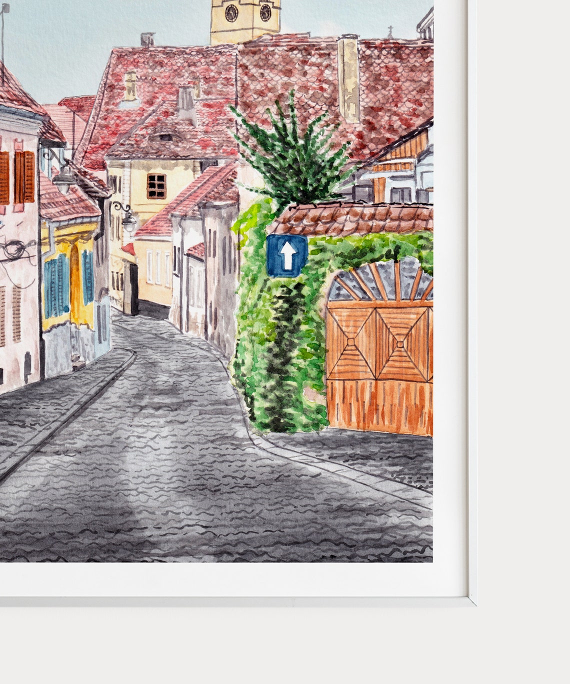 Sibiu Romania Cobblestone Street Church Spire Watercolor Poster - Image 3