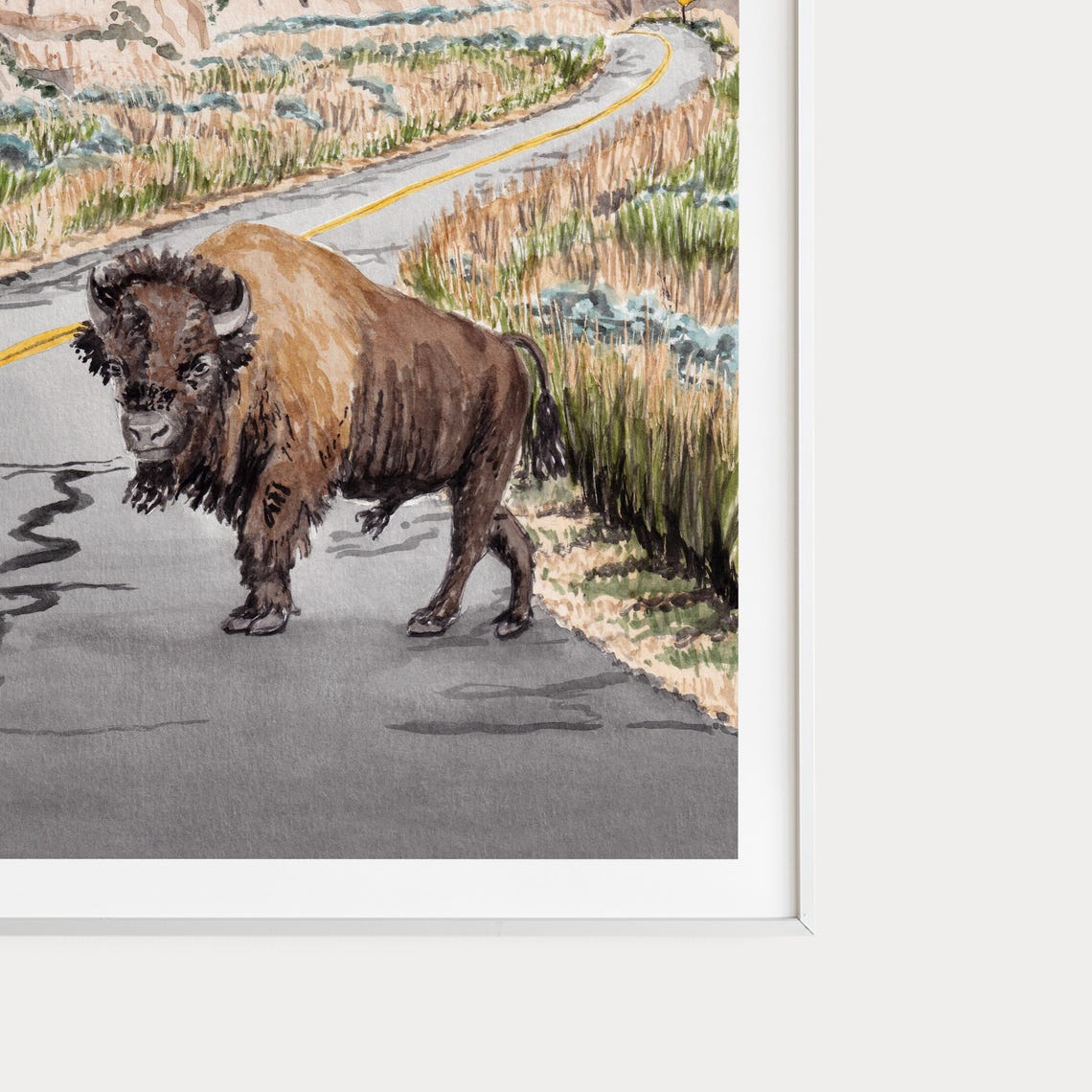 North Dakota Badlands Bison on Road Watercolor Landscape Poster - Image 2