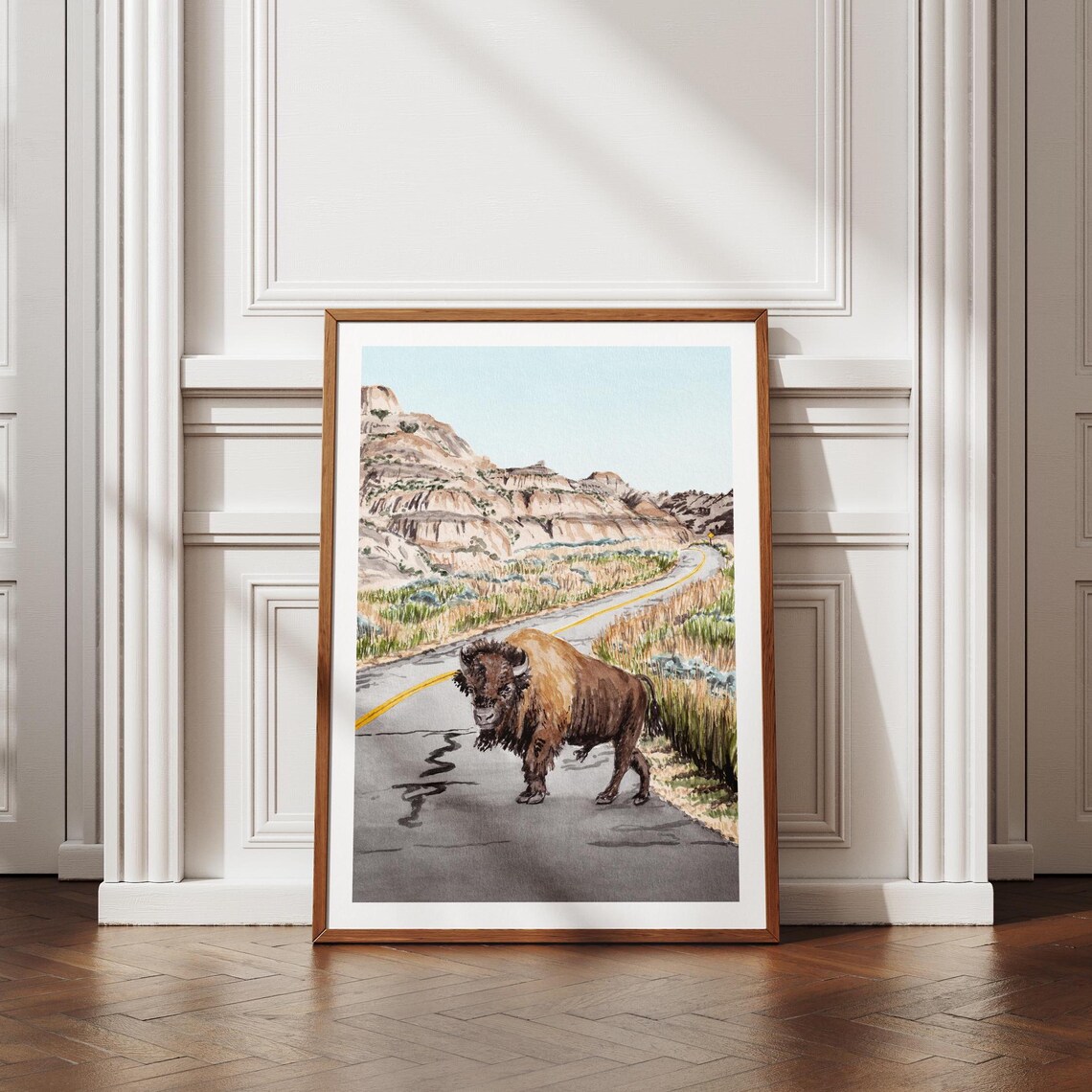 North Dakota Badlands Bison on Road Watercolor Landscape Poster - Image 3