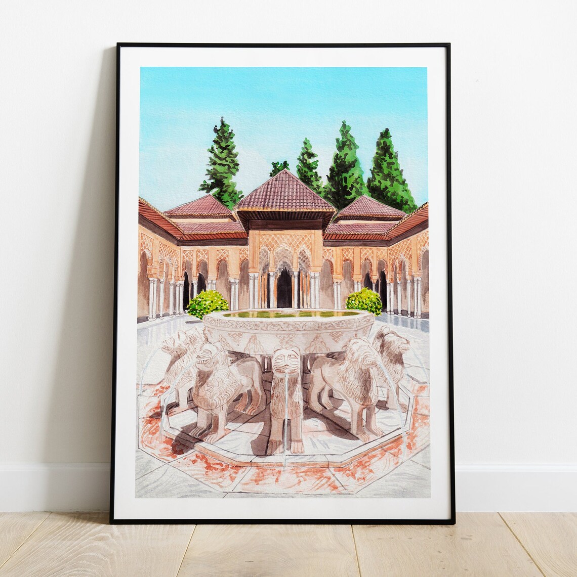Alhambra Granada Court of the Lions Fountain Watercolor Poster - Image 2