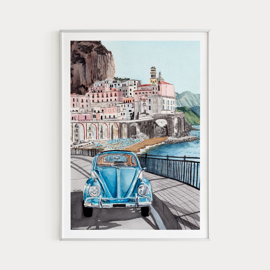 Atrani Amalfi Coast Blue Beetle On Clifftop Road Watercolor Poster