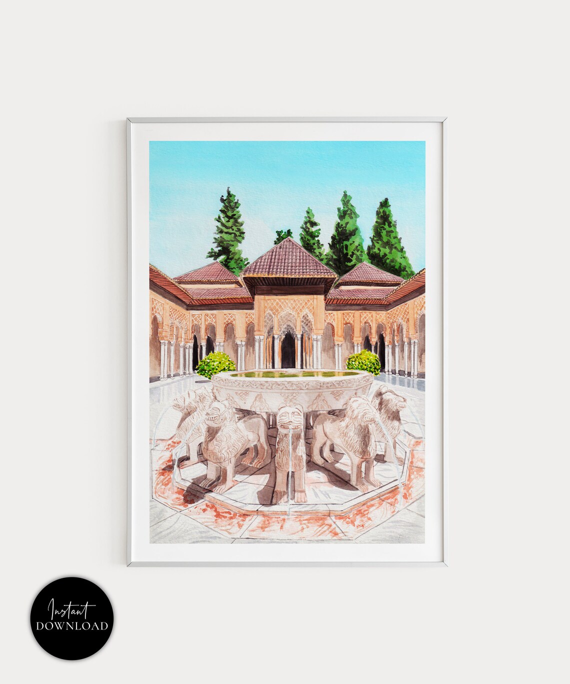 Alhambra Granada Court of the Lions Fountain Watercolor Poster