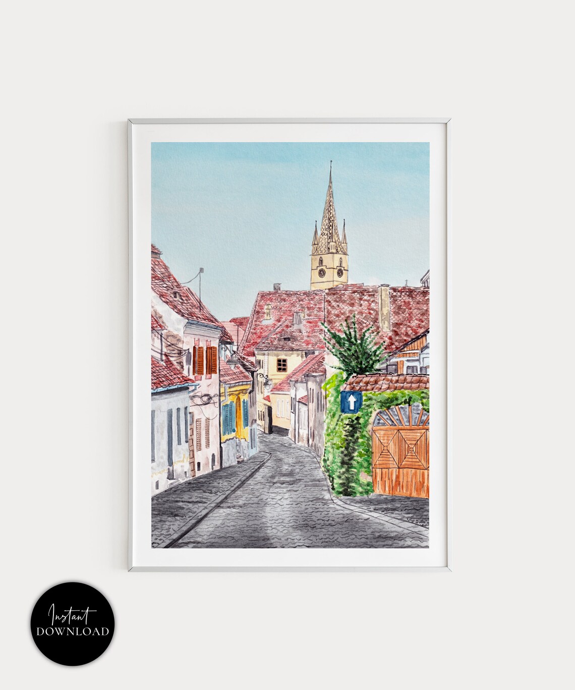 Sibiu Romania Cobblestone Street Church Spire Watercolor Poster